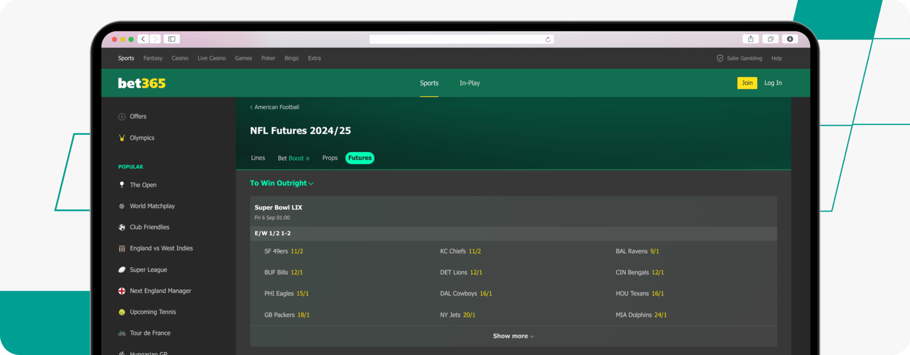 bet365 NFL desktop screenshot