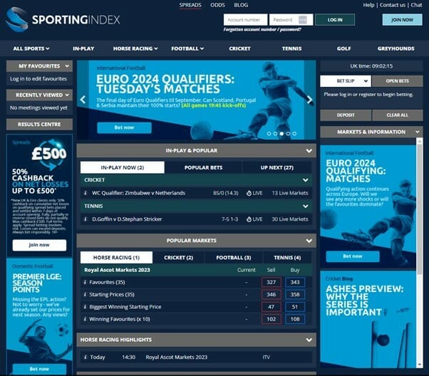 Sporting Index Homepage Screenshot